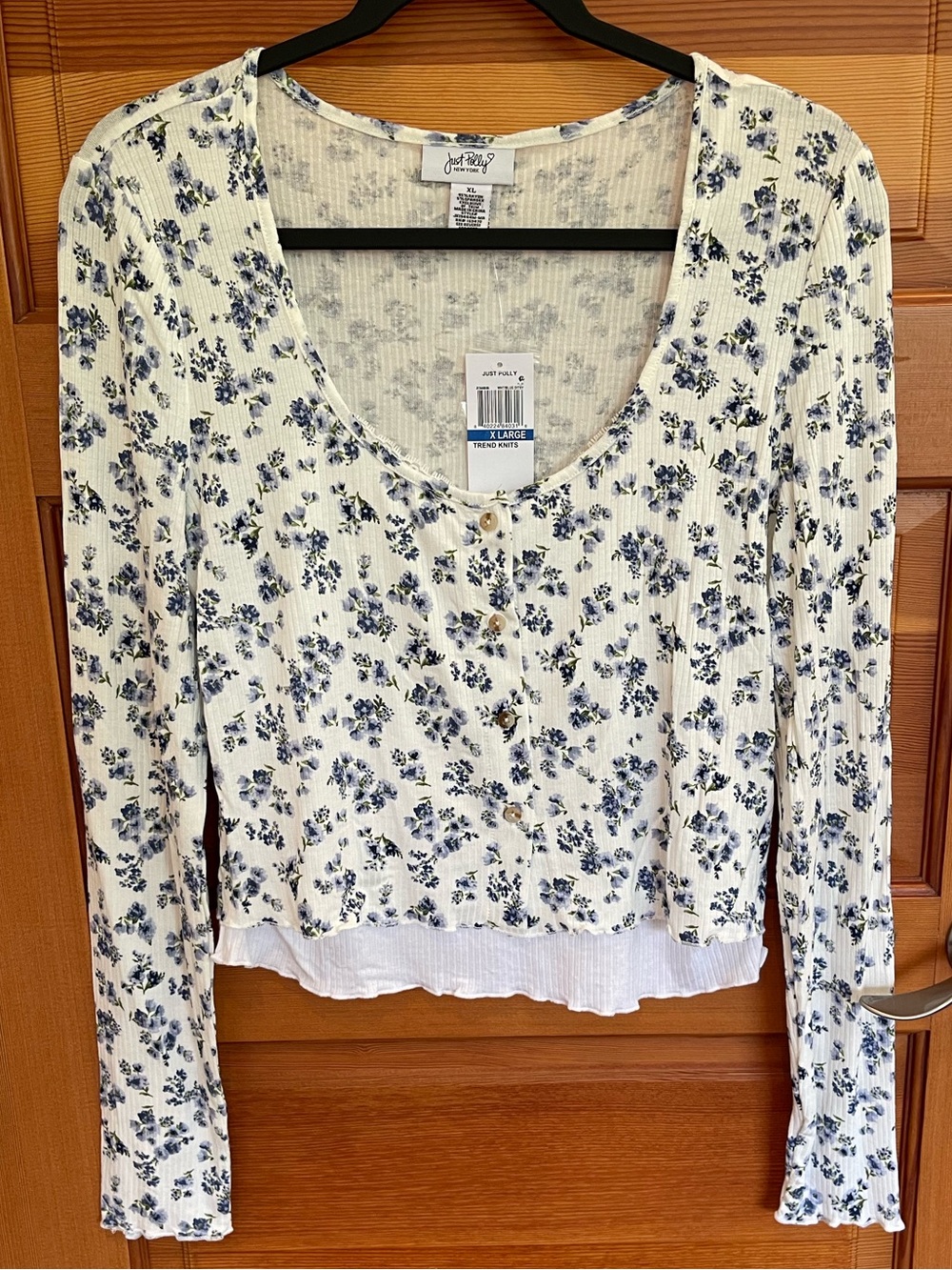 Just Polly Floral Ribbed Button-Front Top w Layered-look - NWT - XL